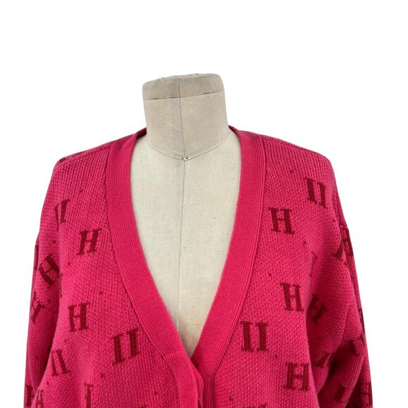 11 Honore Angie Cardigan Sweater 11h Monogram Print Pink Plus Size 1 14-16 - Picture 3 of 13